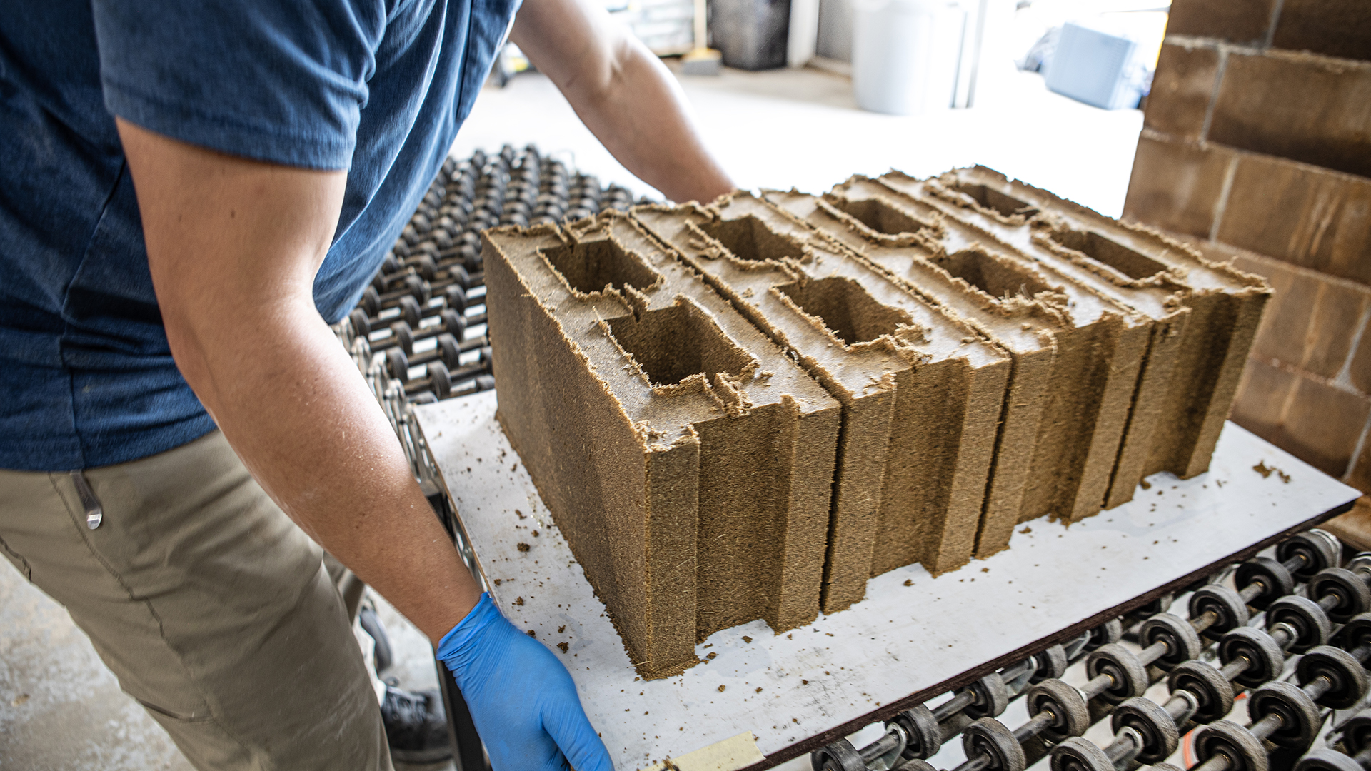 Close-up of four blocks made from bio-cement
