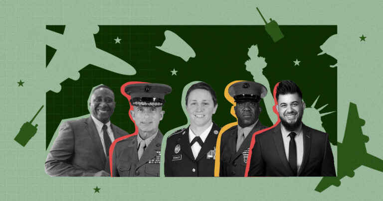 A digital collage features five individuals outlined in red, yellow, and green against a dark green background. The backdrop includes military-themed silhouettes such as airplanes, hats, and radios, along with the Statue of Liberty.