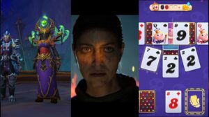 Three screenshots from 3 games that show armor, a woman staring and Solitaire cards