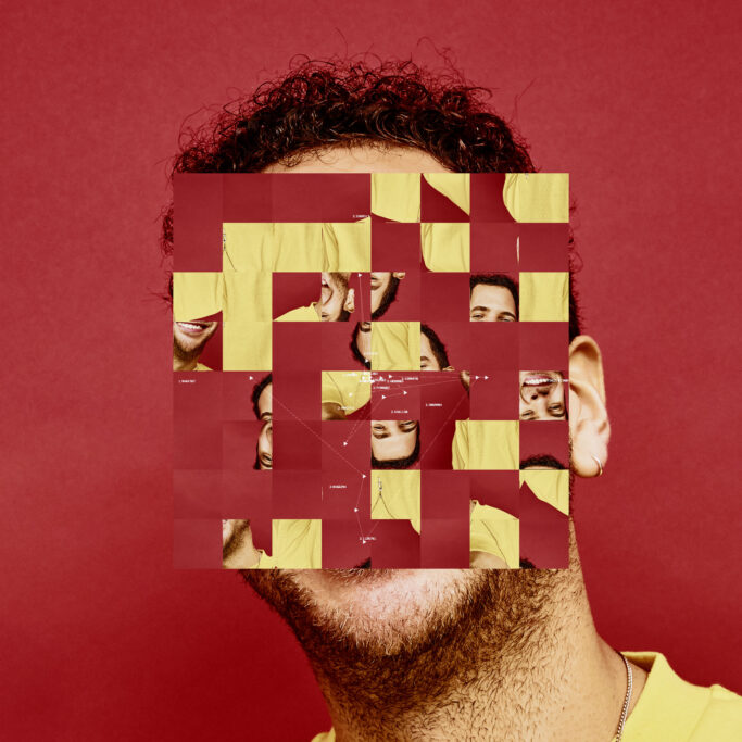A man's face fragmented by a digital grid of shuffled image tiles and data points.