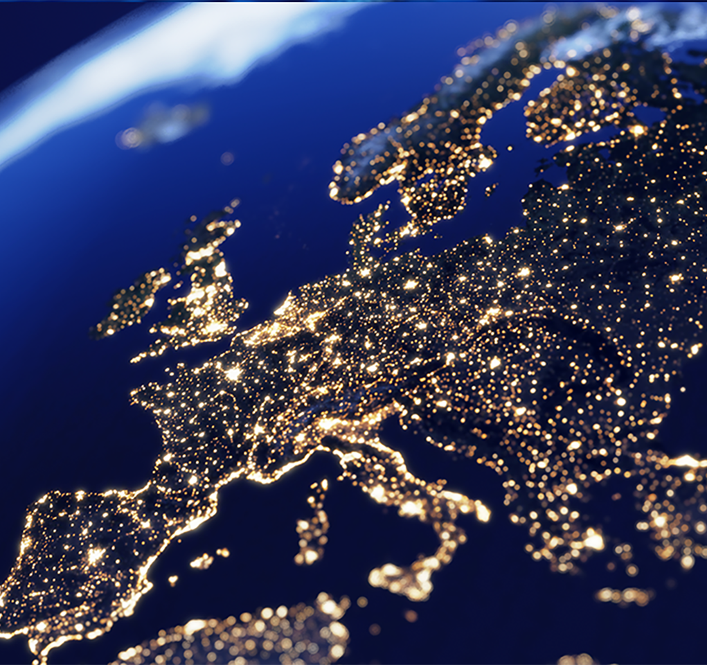 View of Europe from space at night, with cities lit up.