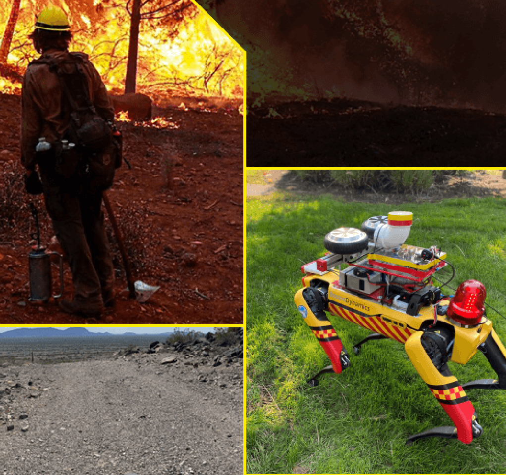 Two photos, one of a person in a hardhat battling a wildfire, and the other of a robot.