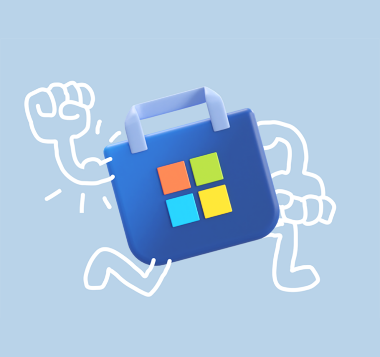 Microsoft Store logo with cartoon arms and legs.